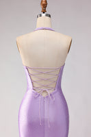 Load image into Gallery viewer, Lilac Satin Halter Beaded Mermaid Long Prom Dress with Slit