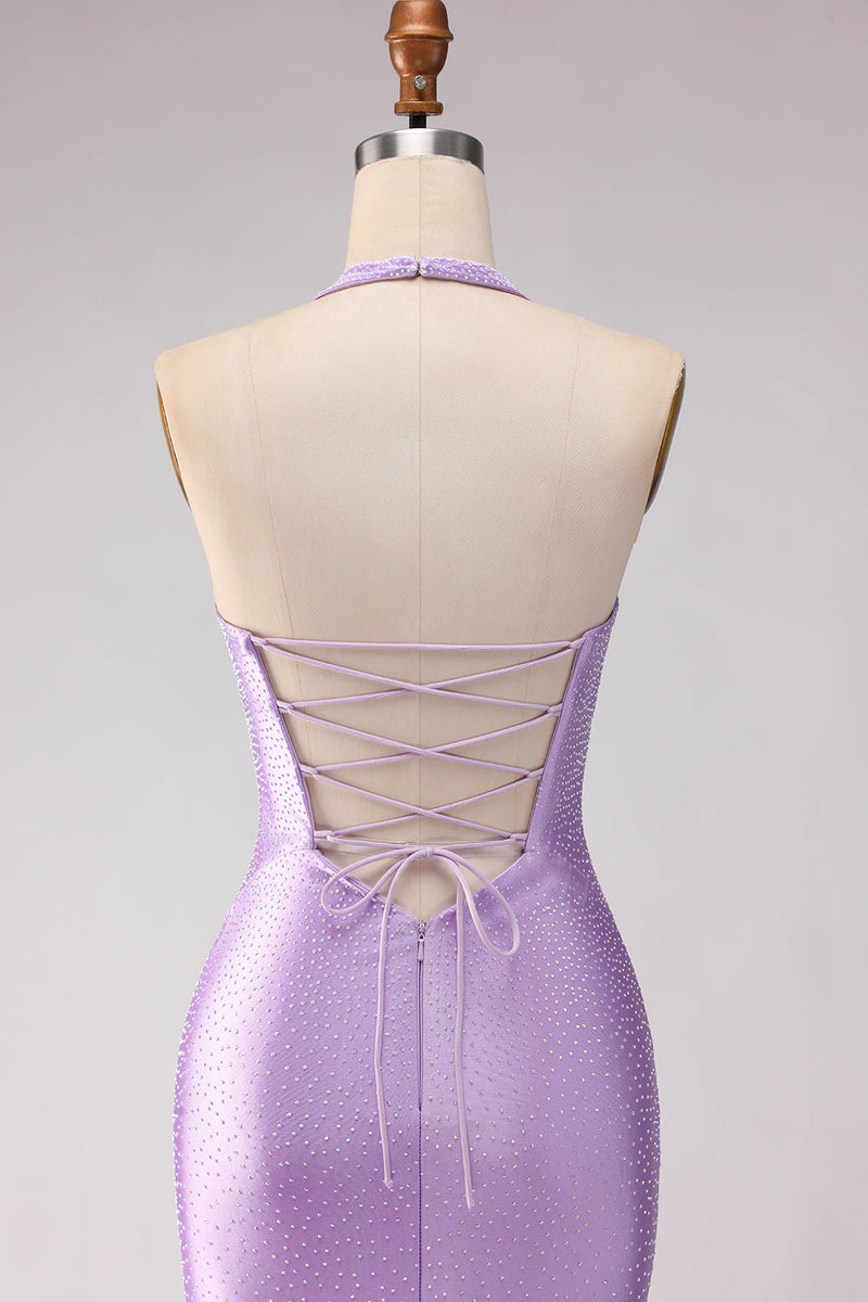 Load image into Gallery viewer, Lilac Satin Halter Beaded Mermaid Long Prom Dress with Slit