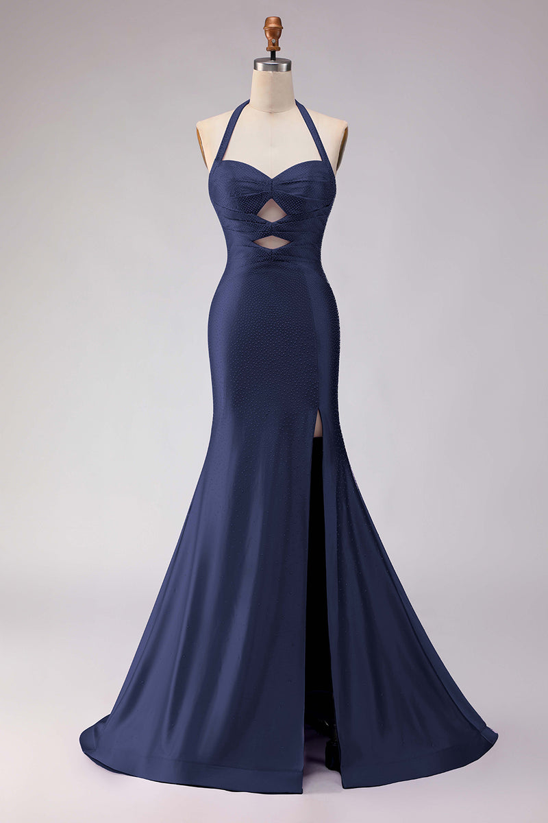 Load image into Gallery viewer, Lilac Satin Halter Beaded Mermaid Long Prom Dress with Slit