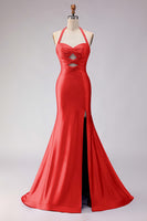Load image into Gallery viewer, Lilac Satin Halter Beaded Mermaid Long Prom Dress with Slit