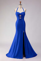 Load image into Gallery viewer, Lilac Satin Halter Beaded Mermaid Long Prom Dress with Slit
