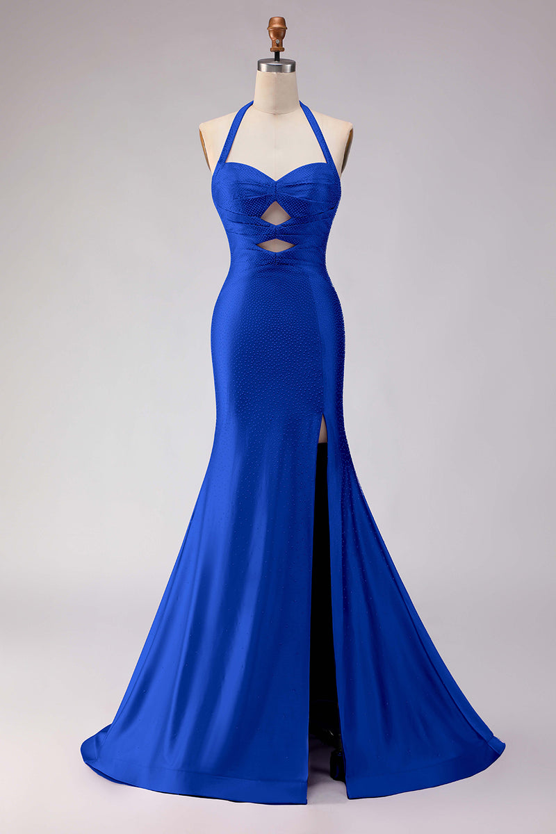 Load image into Gallery viewer, Lilac Satin Halter Beaded Mermaid Long Prom Dress with Slit