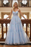 Load image into Gallery viewer, Blue Tulle Floral Spaghetti Straps A Line Ruched Long Prom Dress