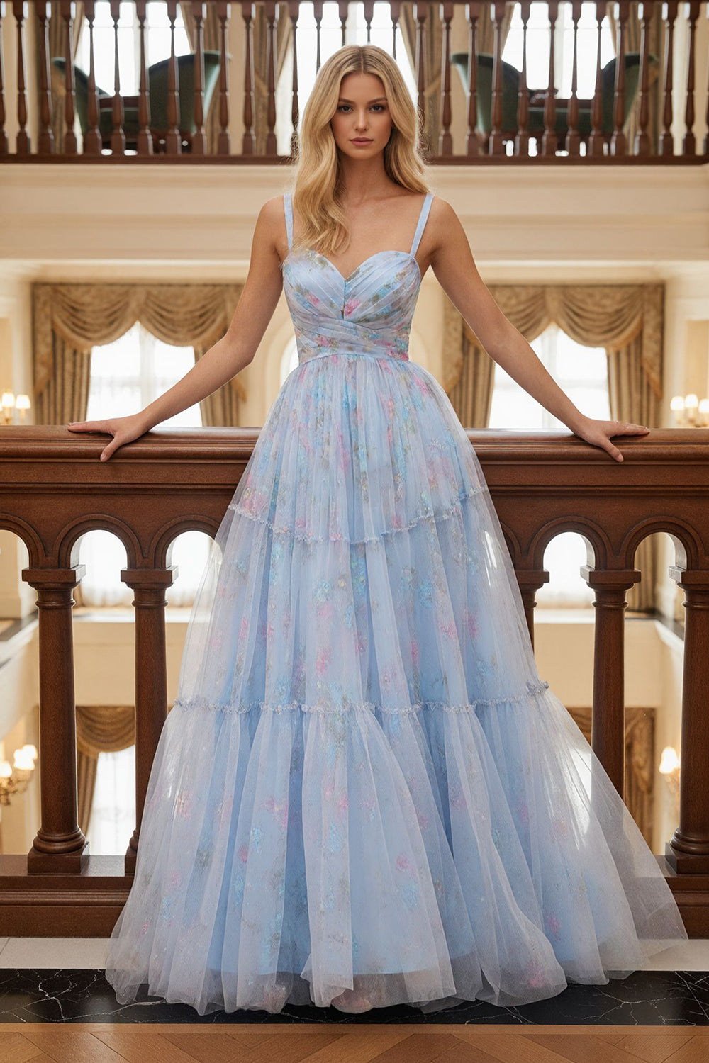 Blue Tulle Floral Spaghetti Straps A Line Ruched Long Prom Dress