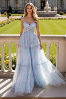 Load image into Gallery viewer, Blue Tulle Floral Spaghetti Straps A Line Ruched Long Prom Dress