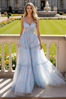 Blue Tulle Floral Spaghetti Straps A Line Ruched Long Prom Dress