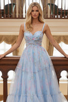 Load image into Gallery viewer, Blue Tulle Floral Spaghetti Straps A Line Ruched Long Prom Dress