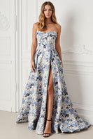 Load image into Gallery viewer, Blue Floral Strapless Satin A Line Long Prom Dress with Slit