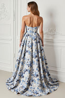 Load image into Gallery viewer, Blue Floral Strapless Satin A Line Long Prom Dress with Slit