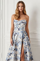 Load image into Gallery viewer, Blue Floral Strapless Satin A Line Long Prom Dress with Slit