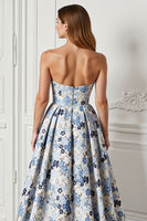 Load image into Gallery viewer, Blue Floral Strapless Satin A Line Long Prom Dress with Slit