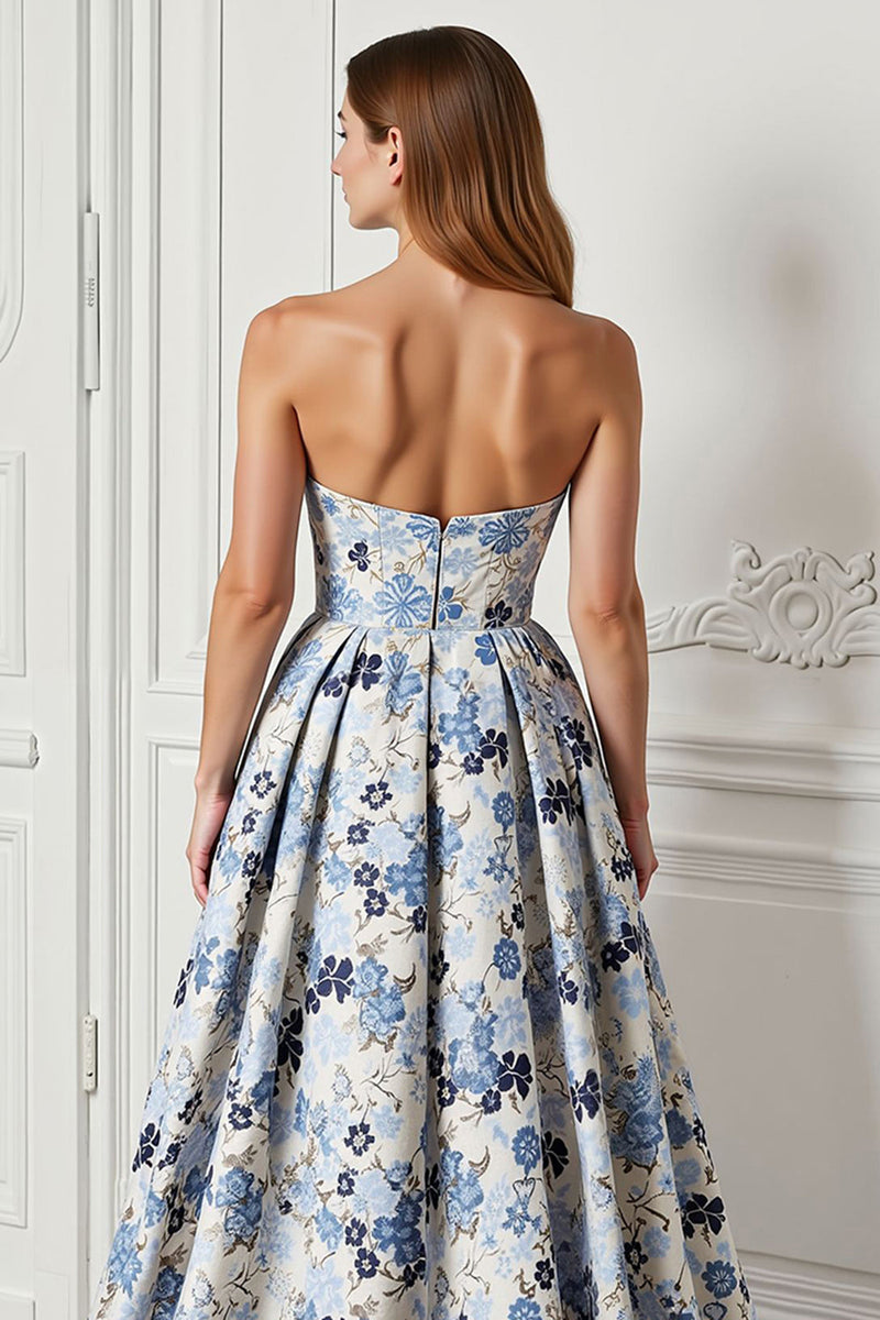 Load image into Gallery viewer, Blue Floral Strapless Satin A Line Long Prom Dress with Slit