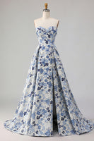 Load image into Gallery viewer, Blue Floral Strapless Satin A Line Long Prom Dress with Slit