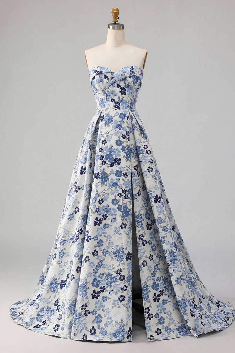 Load image into Gallery viewer, Blue Floral Strapless Satin A Line Long Prom Dress with Slit