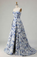 Load image into Gallery viewer, Blue Floral Strapless Satin A Line Long Prom Dress with Slit