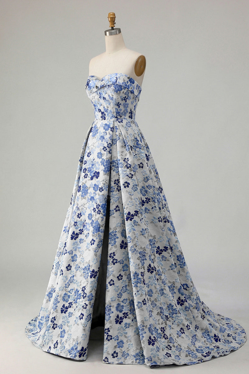 Load image into Gallery viewer, Blue Floral Strapless Satin A Line Long Prom Dress with Slit
