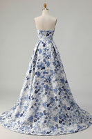 Load image into Gallery viewer, Blue Floral Strapless Satin A Line Long Prom Dress with Slit