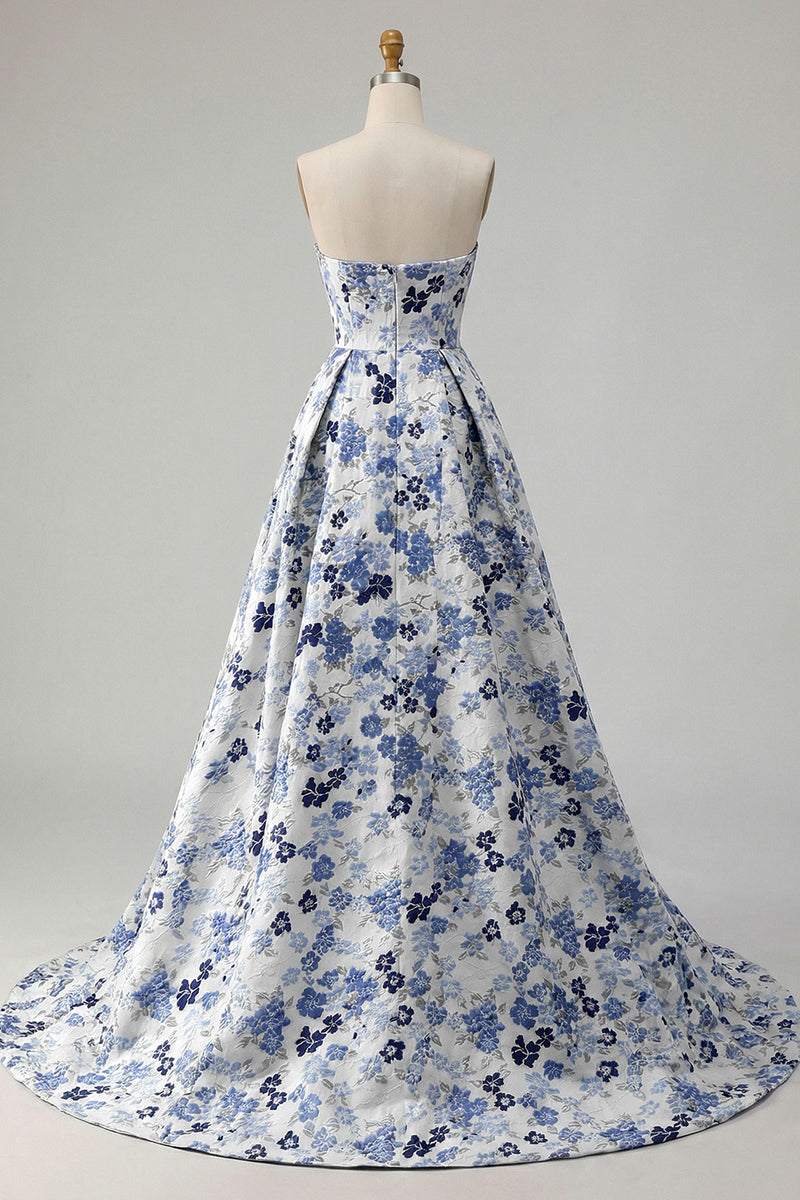 Load image into Gallery viewer, Blue Floral Strapless Satin A Line Long Prom Dress with Slit