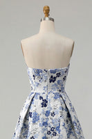 Load image into Gallery viewer, Blue Floral Strapless Satin A Line Long Prom Dress with Slit