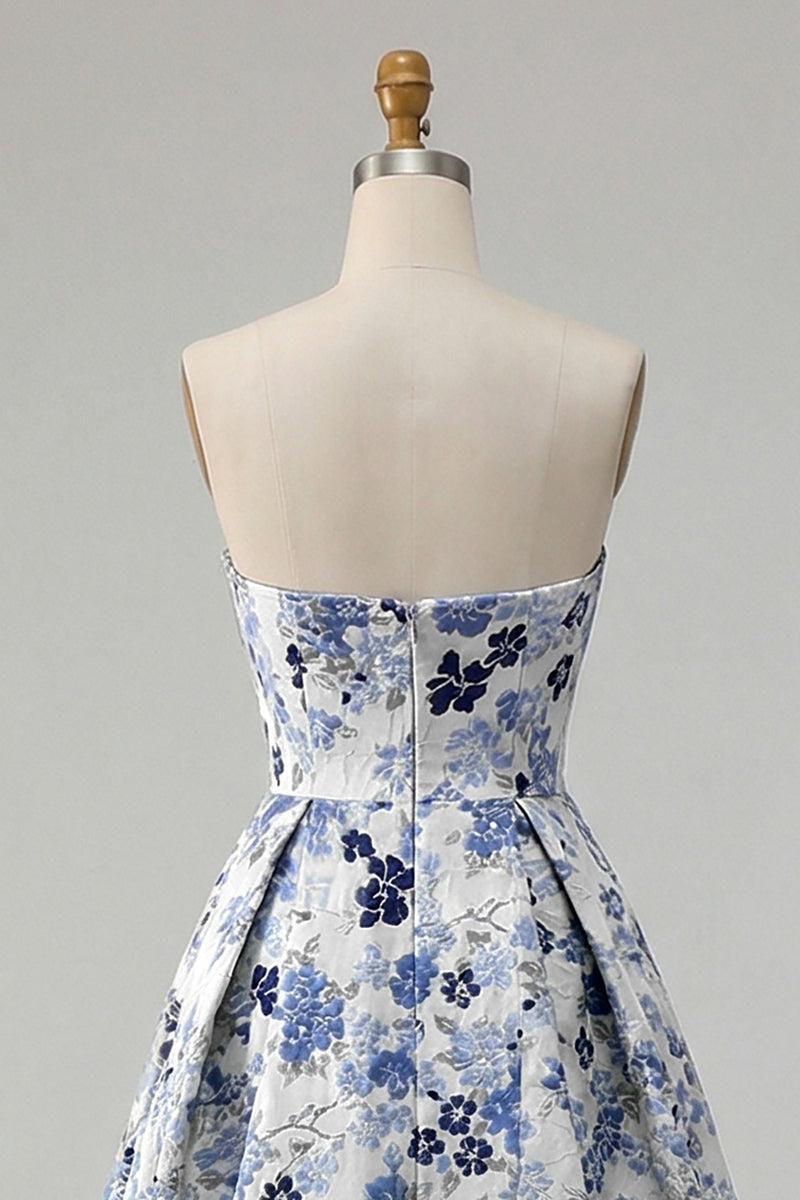 Load image into Gallery viewer, Blue Floral Strapless Satin A Line Long Prom Dress with Slit