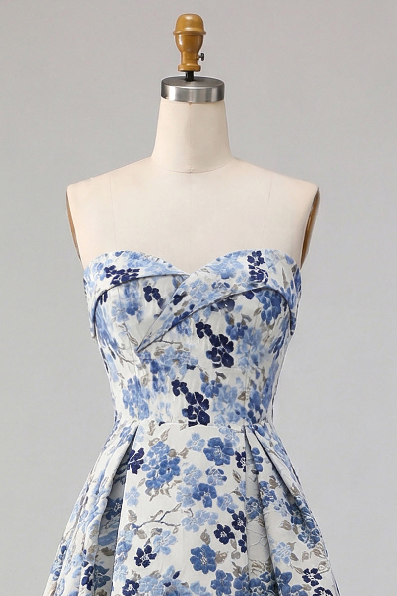 Load image into Gallery viewer, Blue Floral Strapless Satin A Line Long Prom Dress with Slit