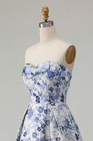 Load image into Gallery viewer, Blue Floral Strapless Satin A Line Long Prom Dress with Slit