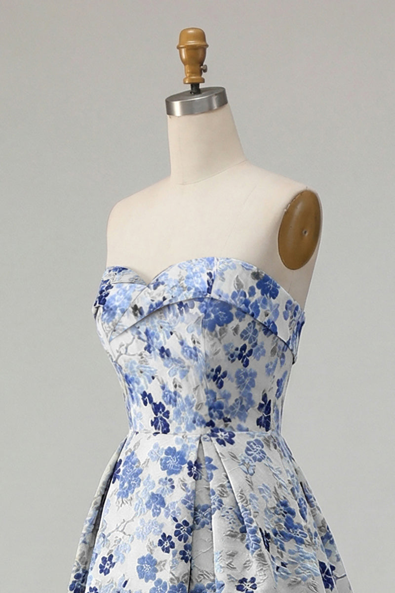 Load image into Gallery viewer, Blue Floral Strapless Satin A Line Long Prom Dress with Slit
