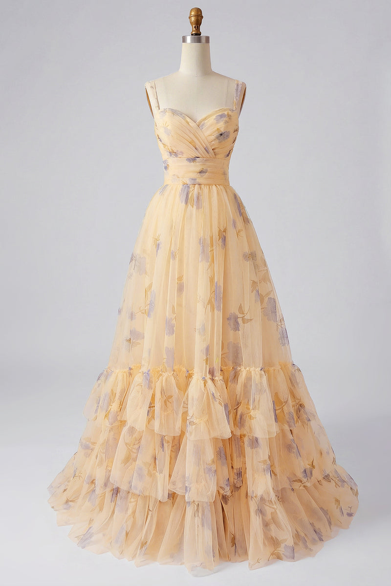 Load image into Gallery viewer, Yellow A-Line Foral Long Prom Dress with Ruffles