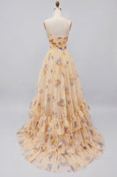 Load image into Gallery viewer, Yellow A-Line Foral Long Prom Dress with Ruffles