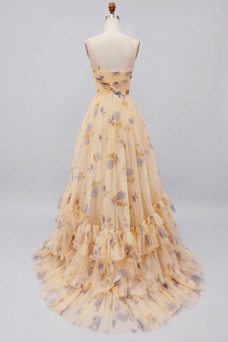 Load image into Gallery viewer, Yellow A-Line Foral Long Prom Dress with Ruffles