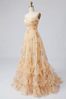 Load image into Gallery viewer, Yellow A-Line Foral Long Prom Dress with Ruffles