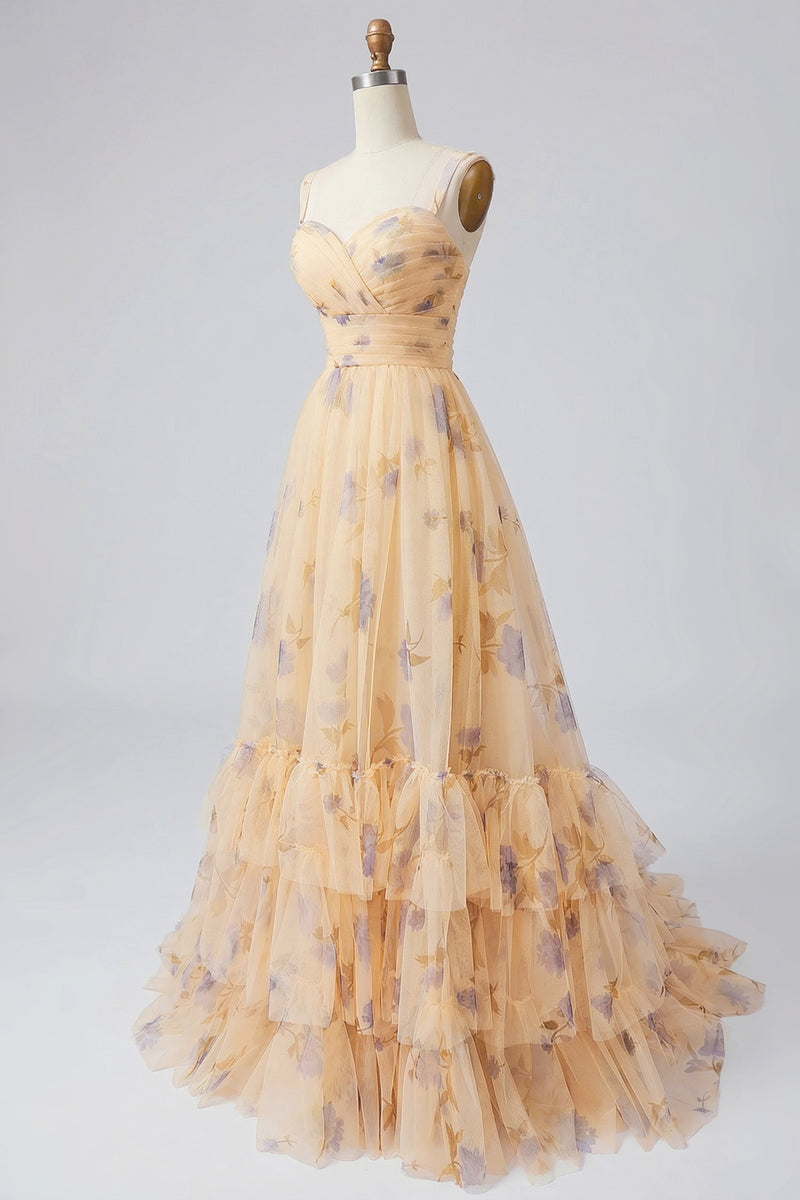 Load image into Gallery viewer, Yellow A-Line Foral Long Prom Dress with Ruffles