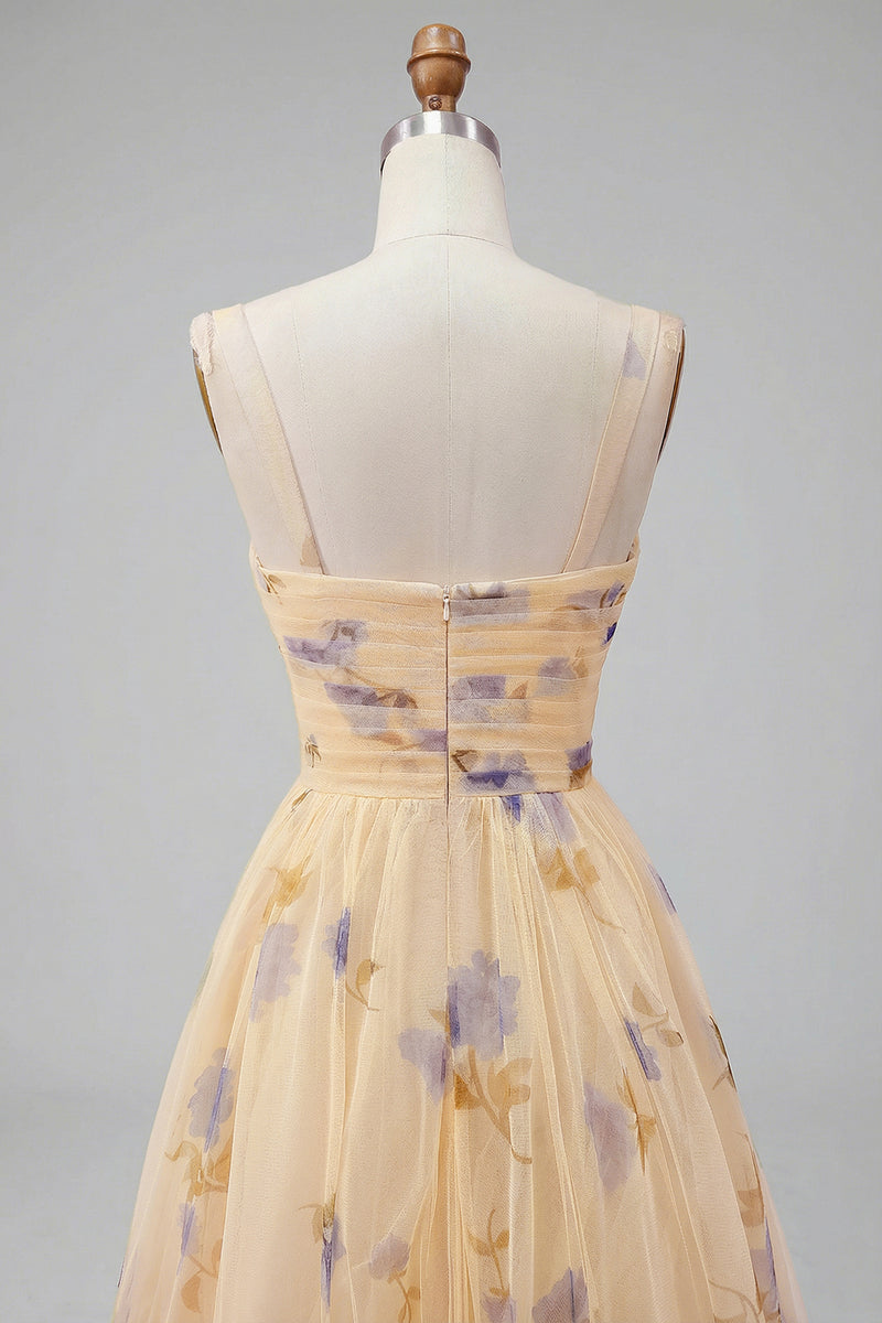 Load image into Gallery viewer, Yellow A-Line Foral Long Prom Dress with Ruffles