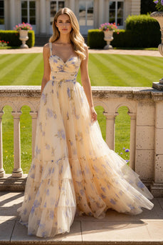 Yellow A-Line Foral Long Prom Dress with Ruffles