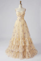 Load image into Gallery viewer, Yellow A-Line Foral Long Prom Dress with Ruffles