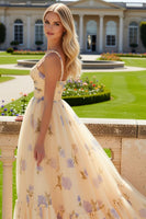 Load image into Gallery viewer, Yellow A-Line Foral Long Prom Dress with Ruffles