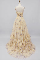 Load image into Gallery viewer, Yellow A-Line Foral Long Prom Dress with Ruffles