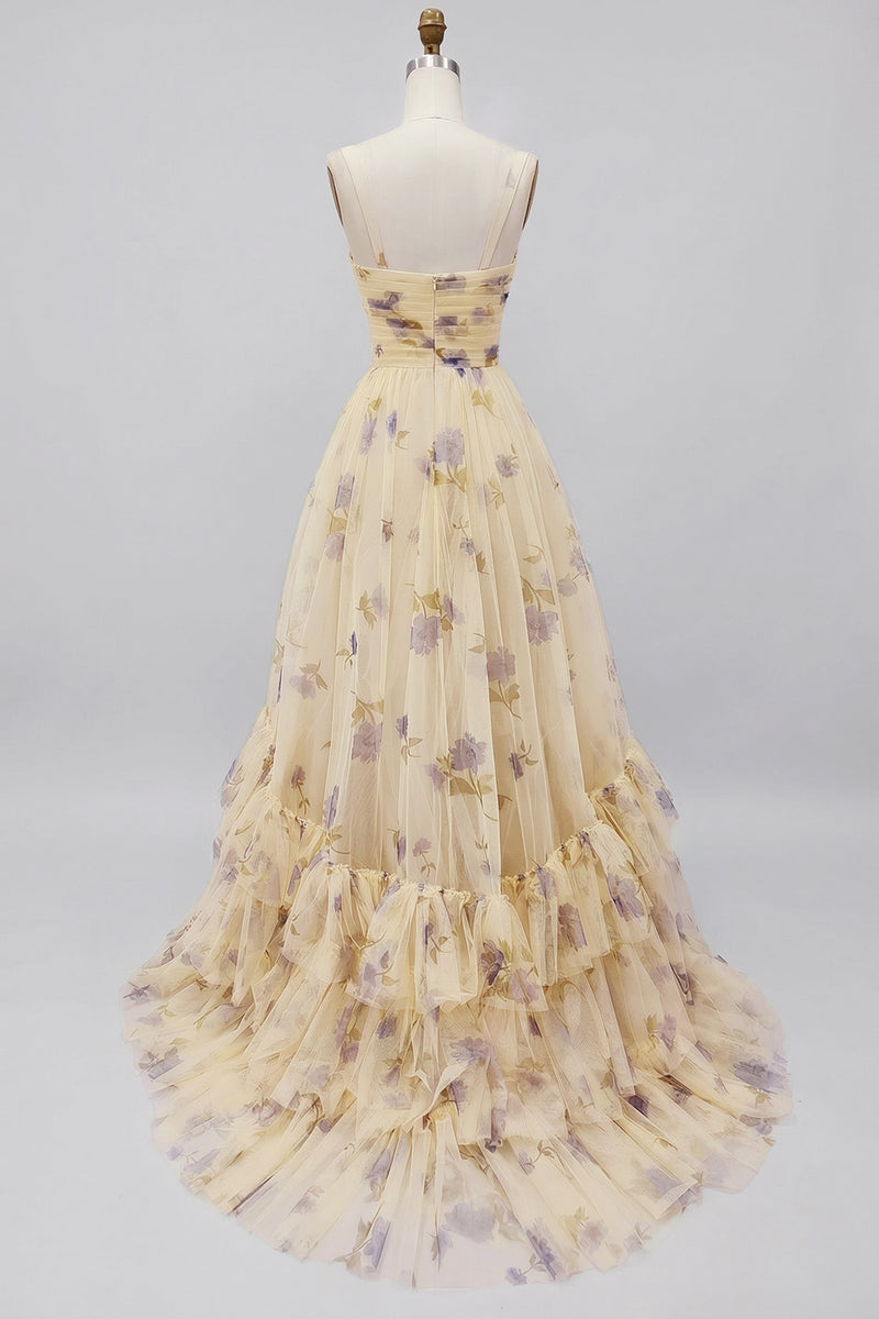 Load image into Gallery viewer, Yellow A-Line Foral Long Prom Dress with Ruffles