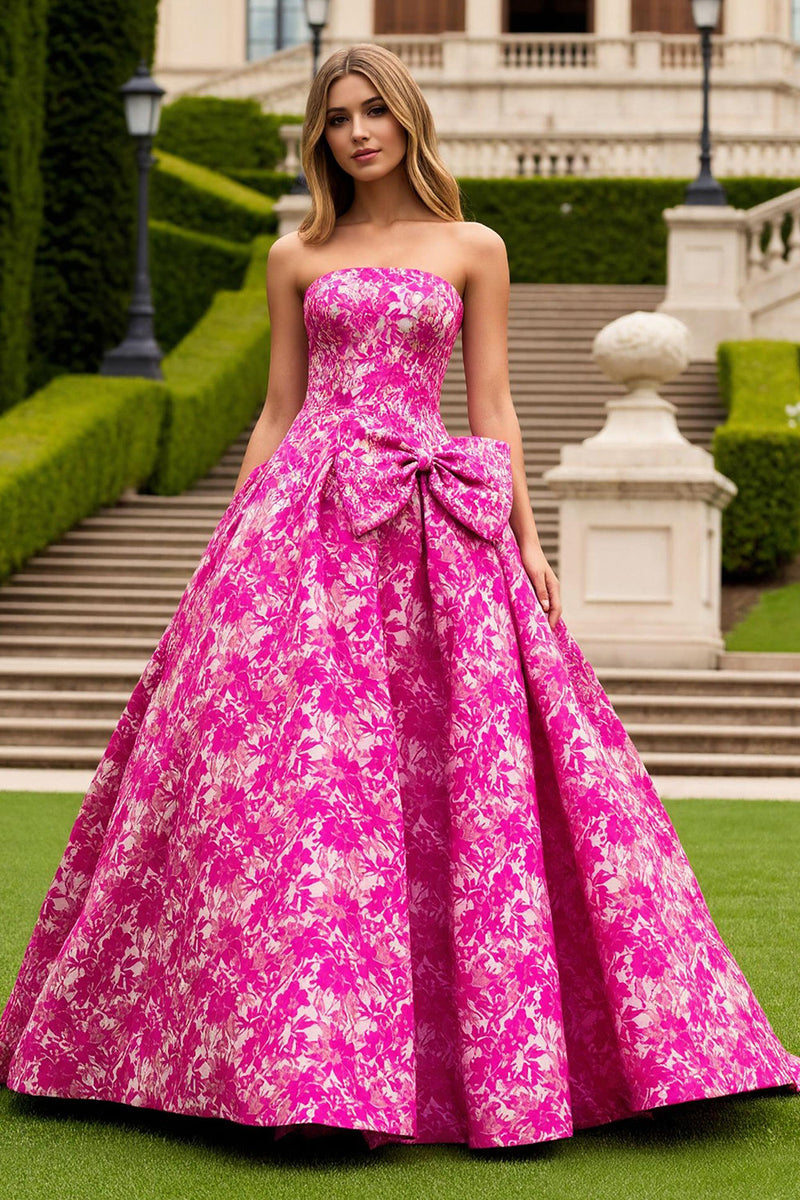 Load image into Gallery viewer, Fuchsia Flower Maxi Princess Prom Dress with Bow