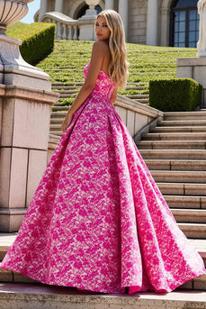 Fuchsia Flower Maxi Princess Prom Dress with Bow