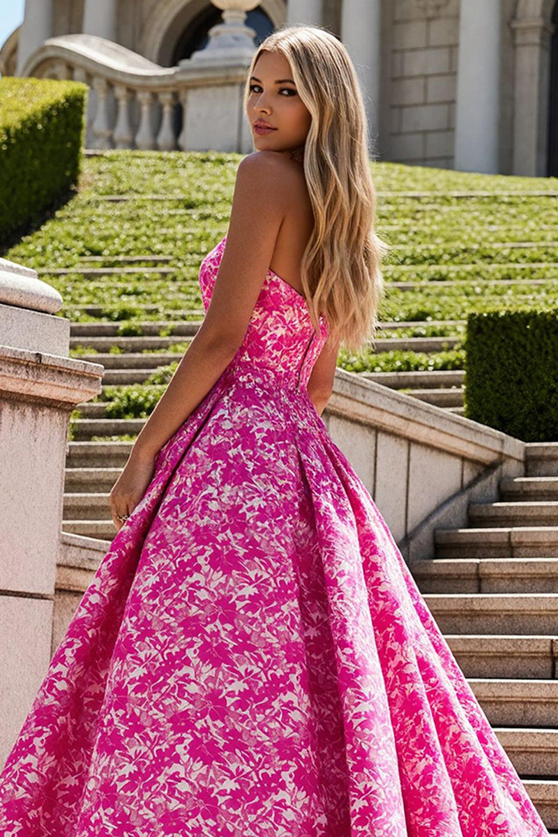 Load image into Gallery viewer, Fuchsia Flower Maxi Princess Prom Dress with Bow