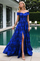 Load image into Gallery viewer, Royal Blue Floral Off the Shoulder Maxi Prom Dress with Slit