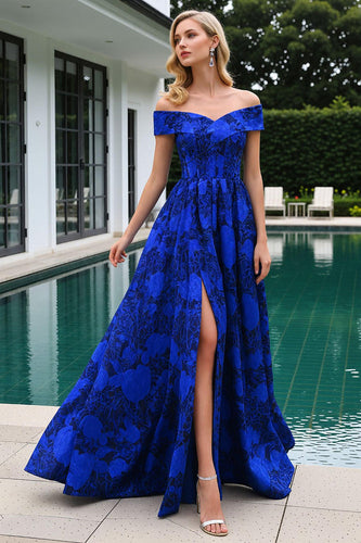 Royal Blue Floral Off the Shoulder Maxi Prom Dress with Slit