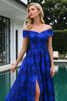 Load image into Gallery viewer, Royal Blue Floral Off the Shoulder Maxi Prom Dress with Slit
