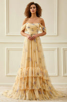 Load image into Gallery viewer, Yellow Floral Off the Shoulder Long Prom Dress with Ruffles