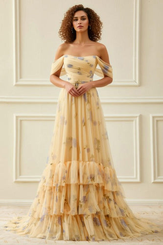 Yellow Floral Off the Shoulder Long Prom Dress with Ruffles