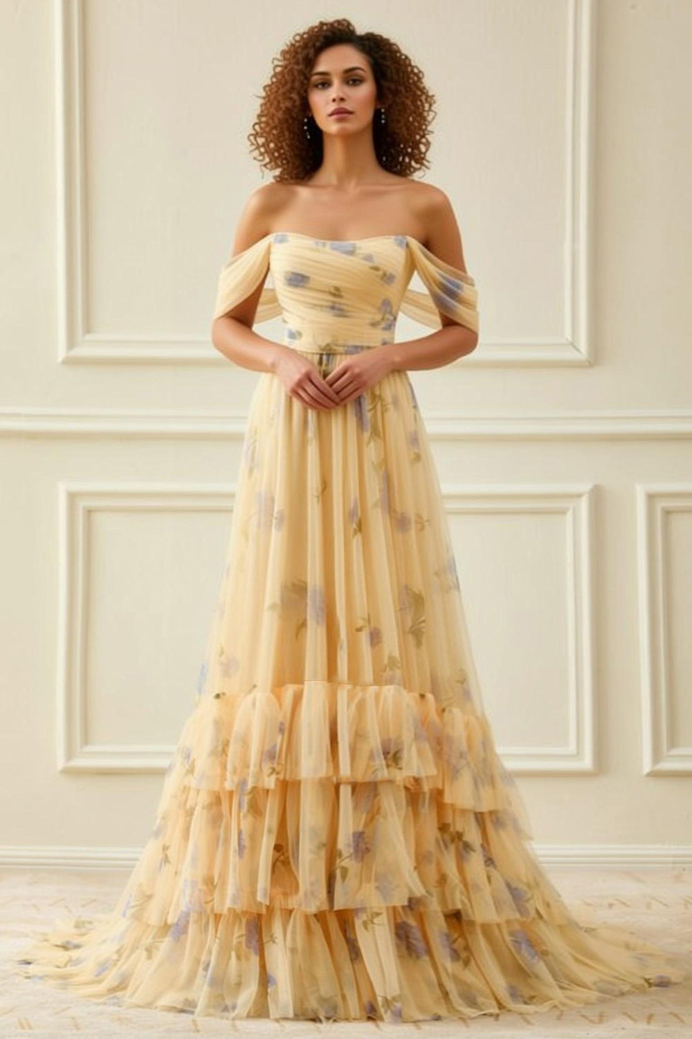 Yellow Floral Off the Shoulder Long Prom Dress with Ruffles