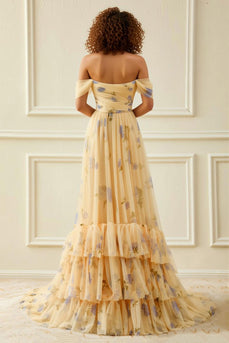 Yellow Floral Off the Shoulder Long Prom Dress with Ruffles