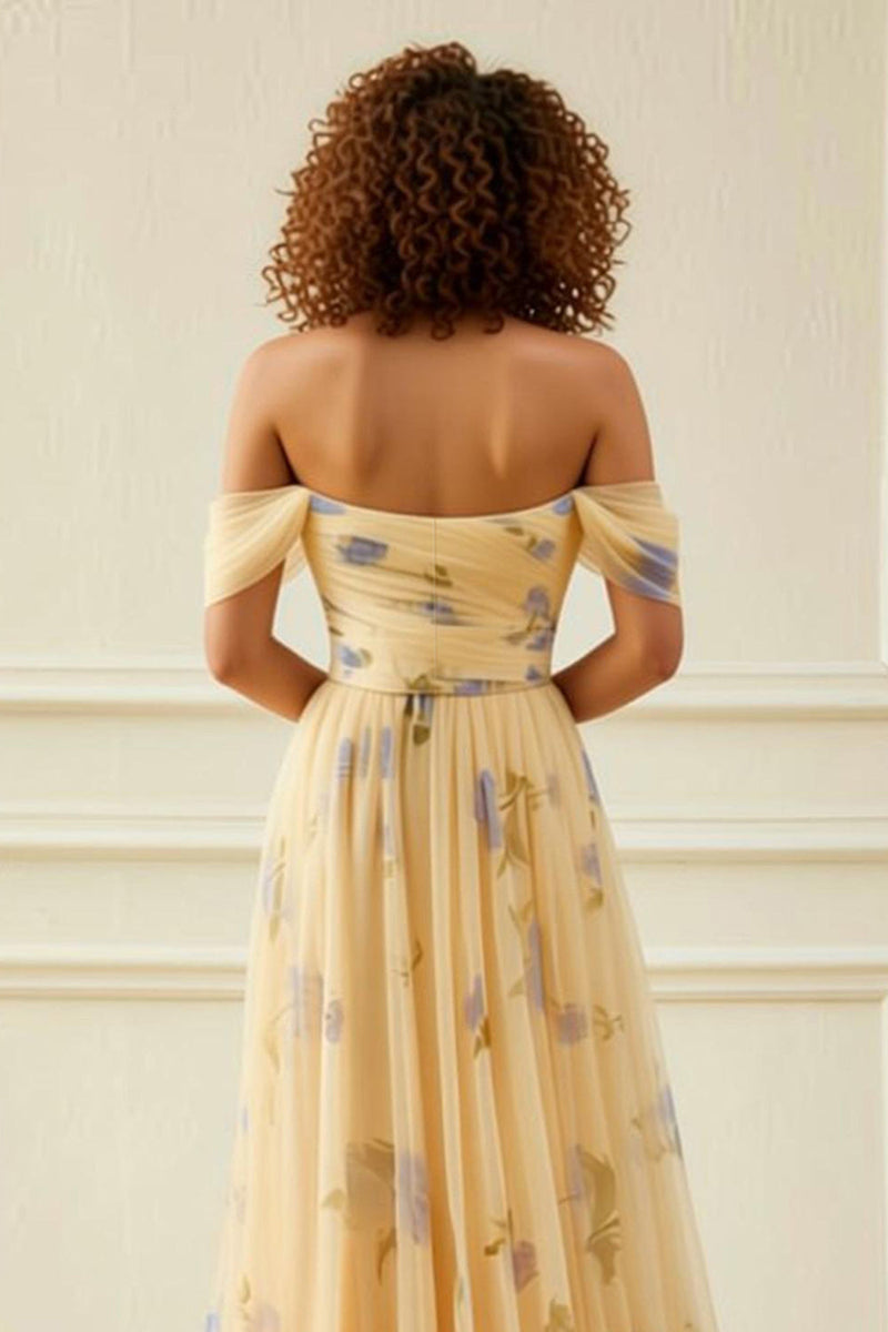 Load image into Gallery viewer, Yellow Floral Off the Shoulder Long Prom Dress with Ruffles