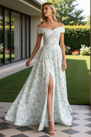 Load image into Gallery viewer, Blue and White Flower Off the Shoulder Long Prom Dress with Slit